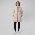 Lightweight beige winter coat with quilted panels, view 2