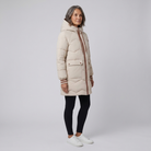 Long down puffer coat in beige, view 3