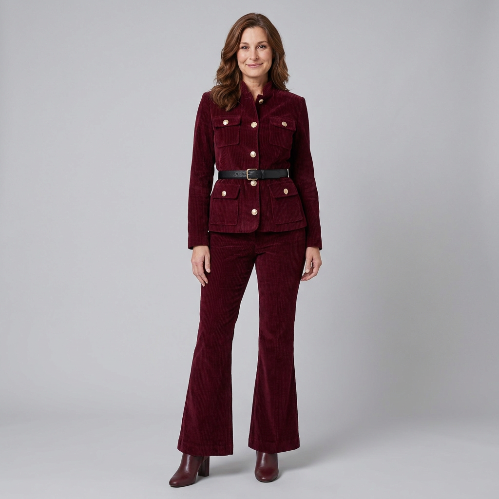 Burgundy corduroy co-ord set, jacket with mandarin collar over flare trousers, view 1