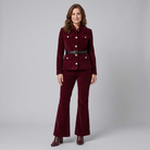 Burgundy corduroy co-ord set, jacket with mandarin collar over flare trousers, view 1