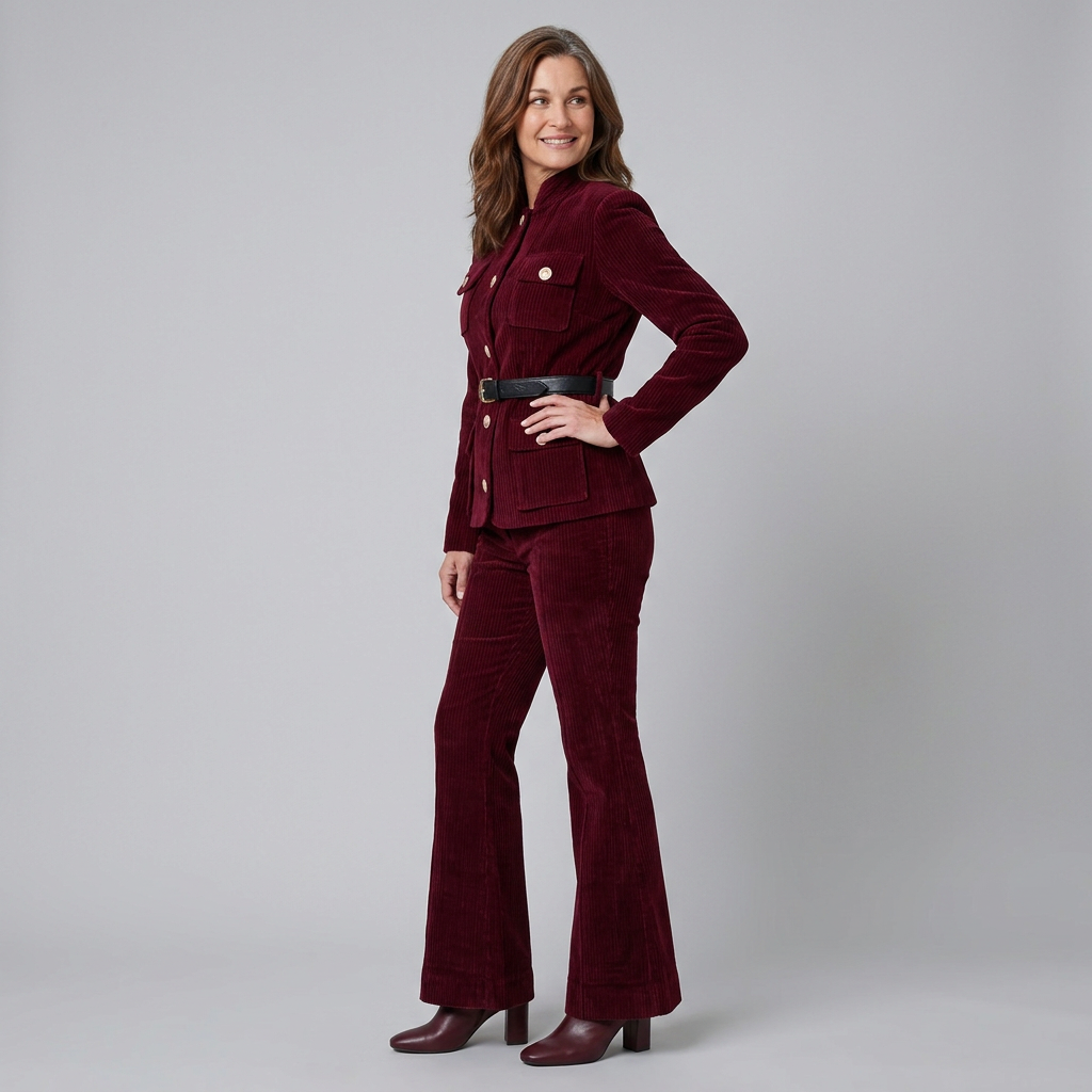 Burgundy corduroy jacket and flare trouser set, view 2