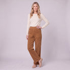 Cielle corduroy trousers in tobacco brown, three-quarter view showing the high waist