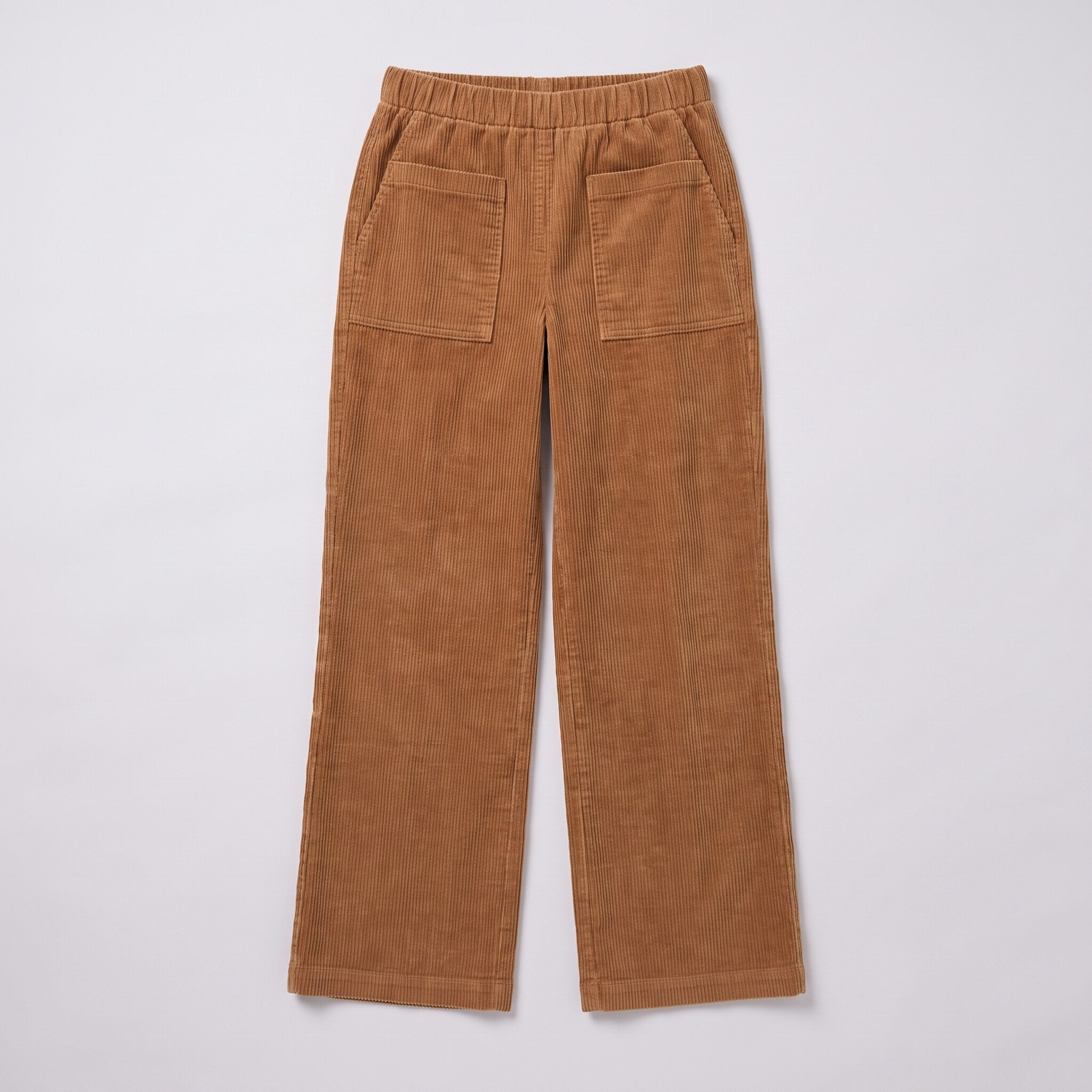 Cielle corduroy trousers flat lay, full garment in tobacco brown on light grey