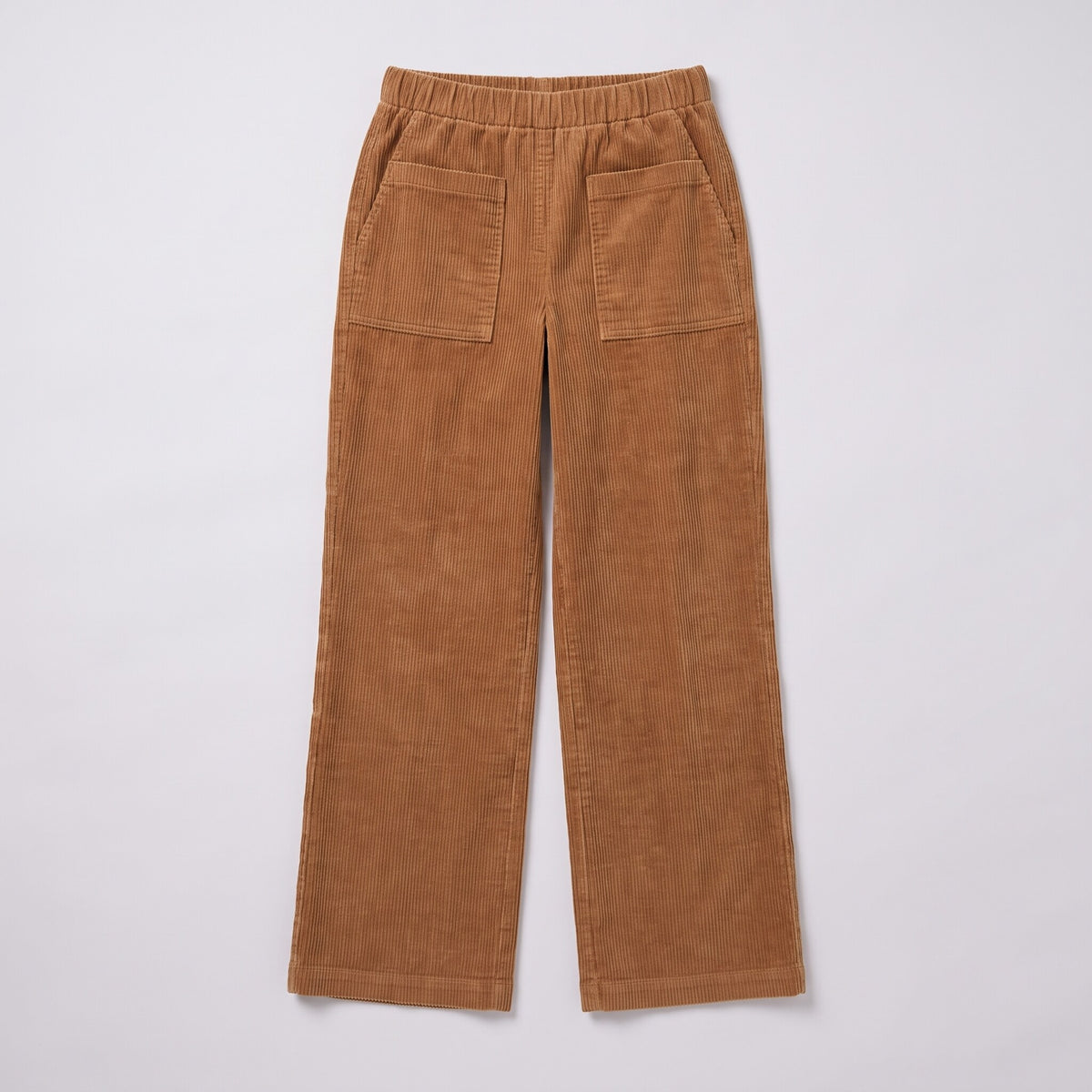 Cielle corduroy trousers flat lay, full garment in tobacco brown on light grey