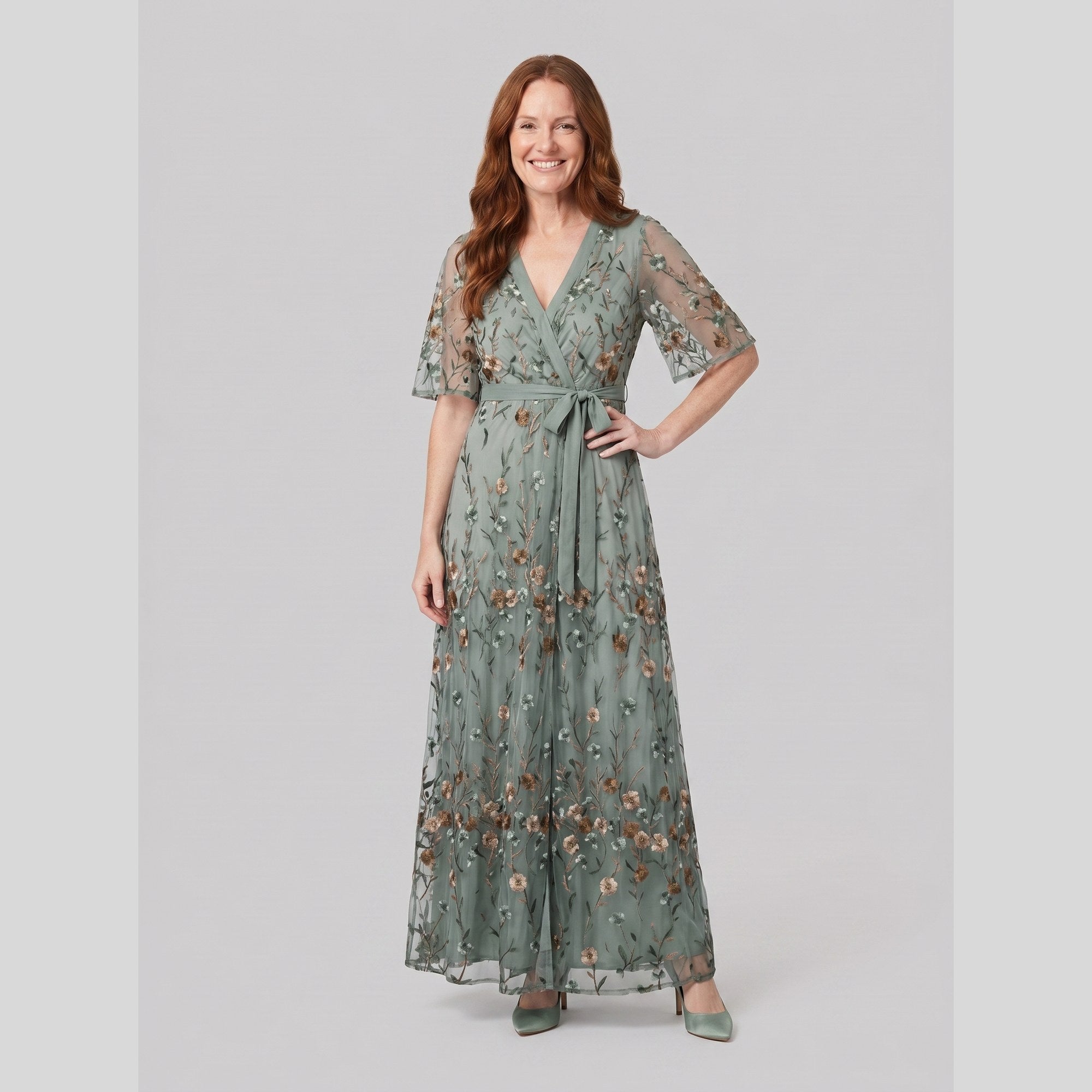 Green evening gown with sheer floral embroidery and a V-neck, view 1