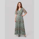 Green evening gown with sheer floral embroidery and a V-neck, view 1
