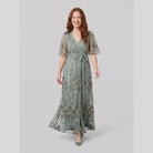 Green evening gown with sheer floral embroidery and a V-neck, view 2