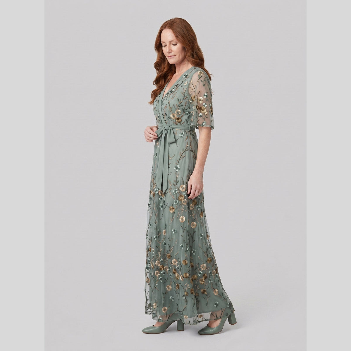 Green evening gown with sheer floral embroidery and a V-neck, view 3