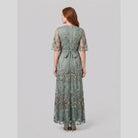 Green evening gown with sheer floral embroidery and a V-neck, view 4