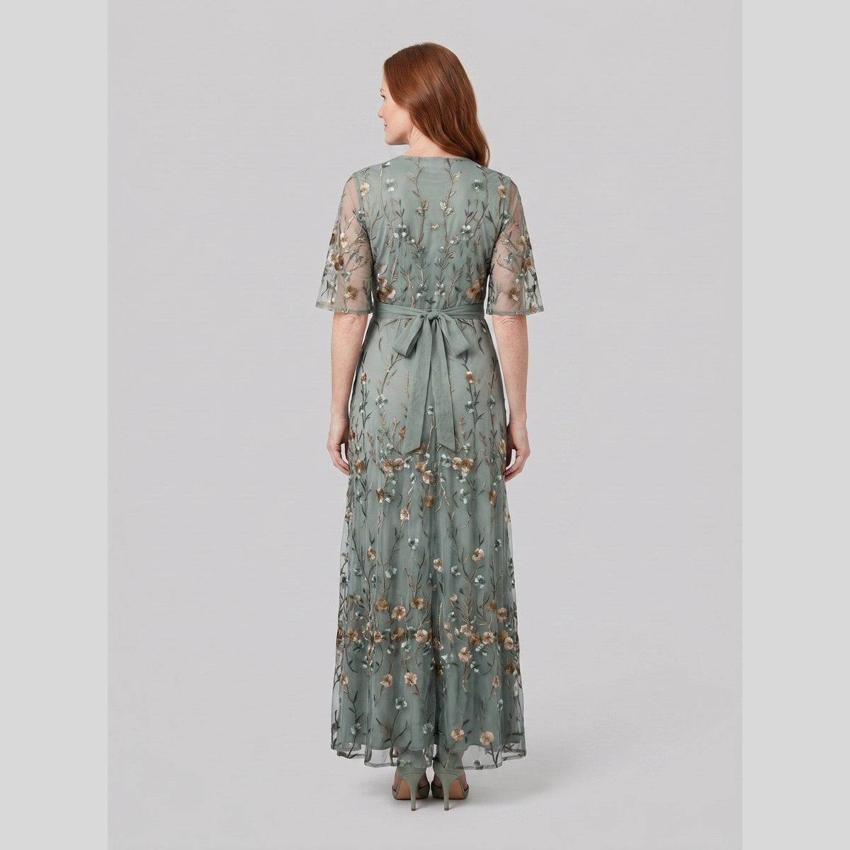 Green evening gown with sheer floral embroidery and a V-neck, view 4
