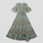 Green evening gown with sheer floral embroidery and a V-neck, view 5