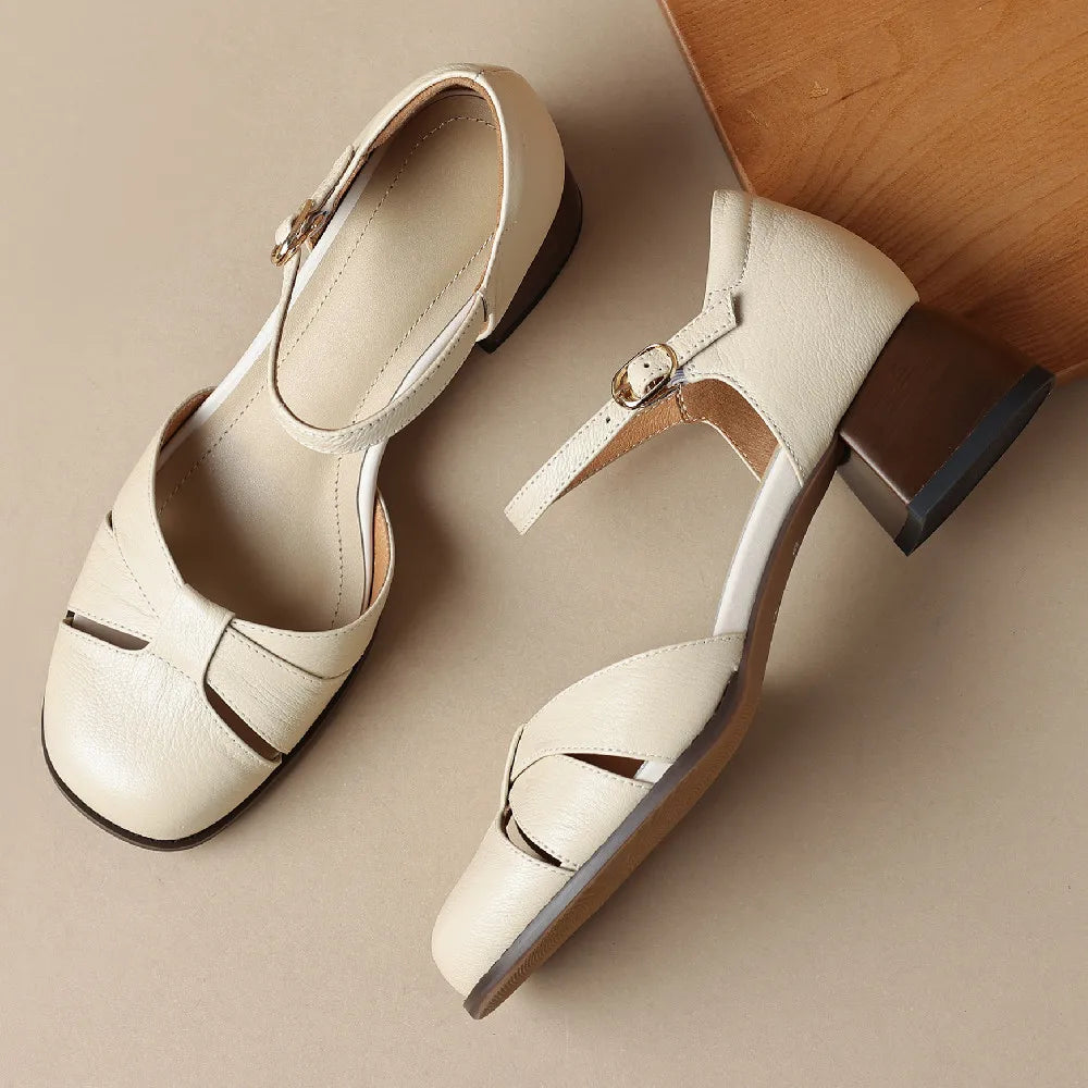 Leather-blend ankle strap heel with braided band across the foot, view 2