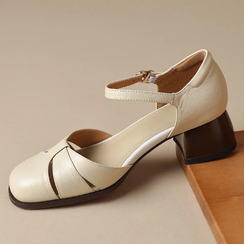 Leather-blend ankle strap heel with braided band and mid heel, view 8