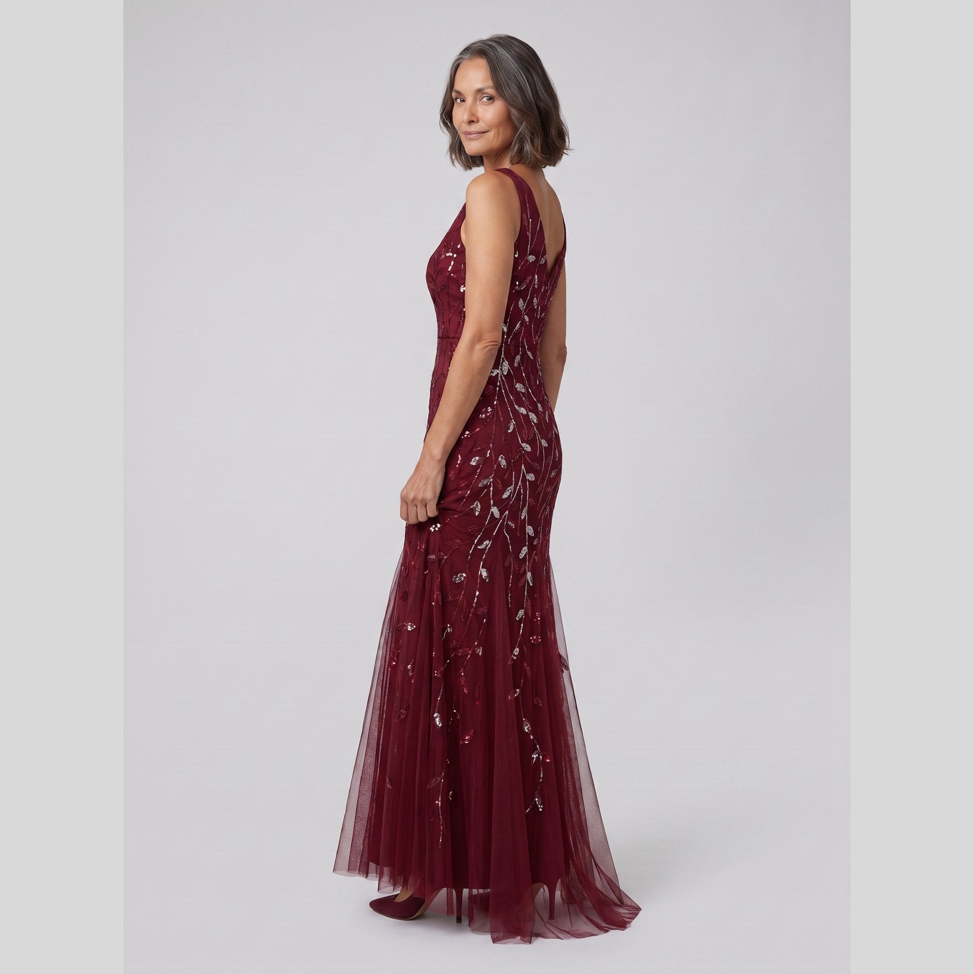Sequin fishtail evening gown with a double V-neck, view 2