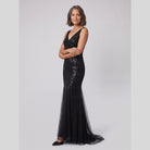 Sequin fishtail evening gown with a double V-neck, view 5