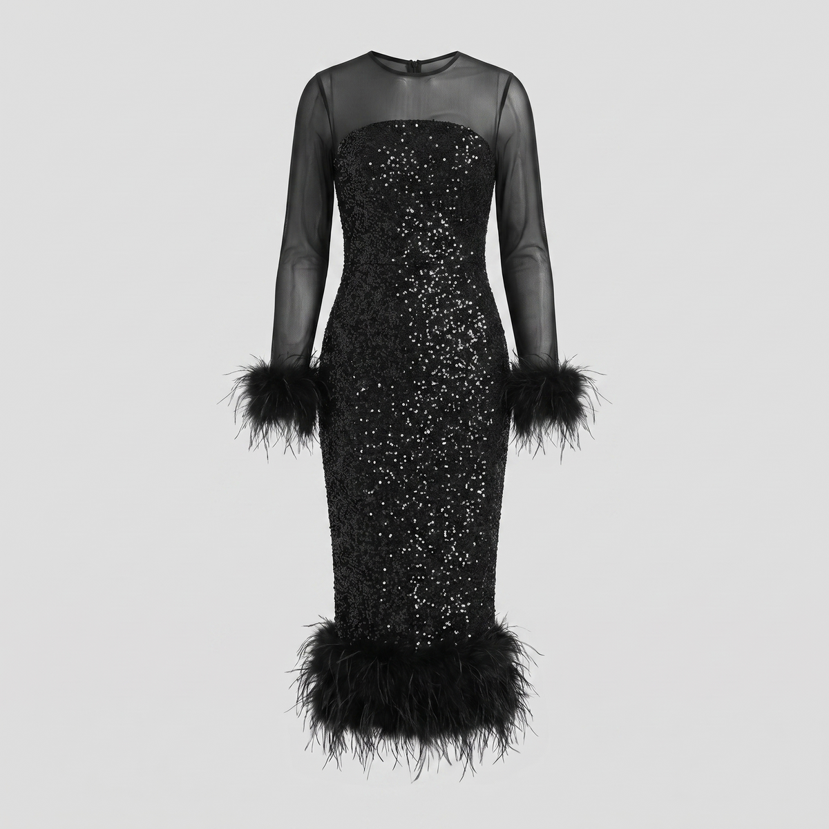 Sequin embellished midi dress with a feather hem, view 5