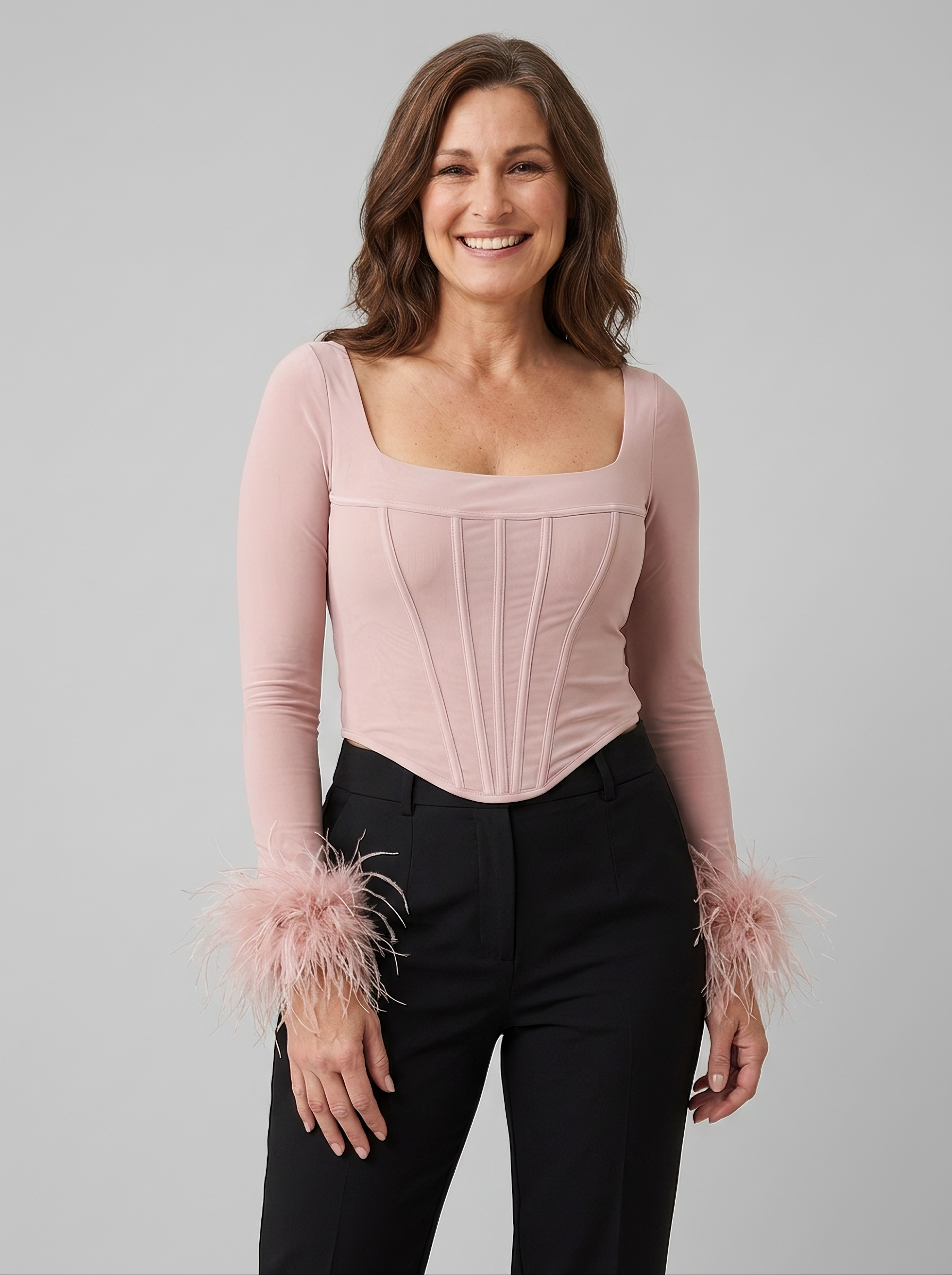 Corset top with feather cuffs and a square neckline, view 1