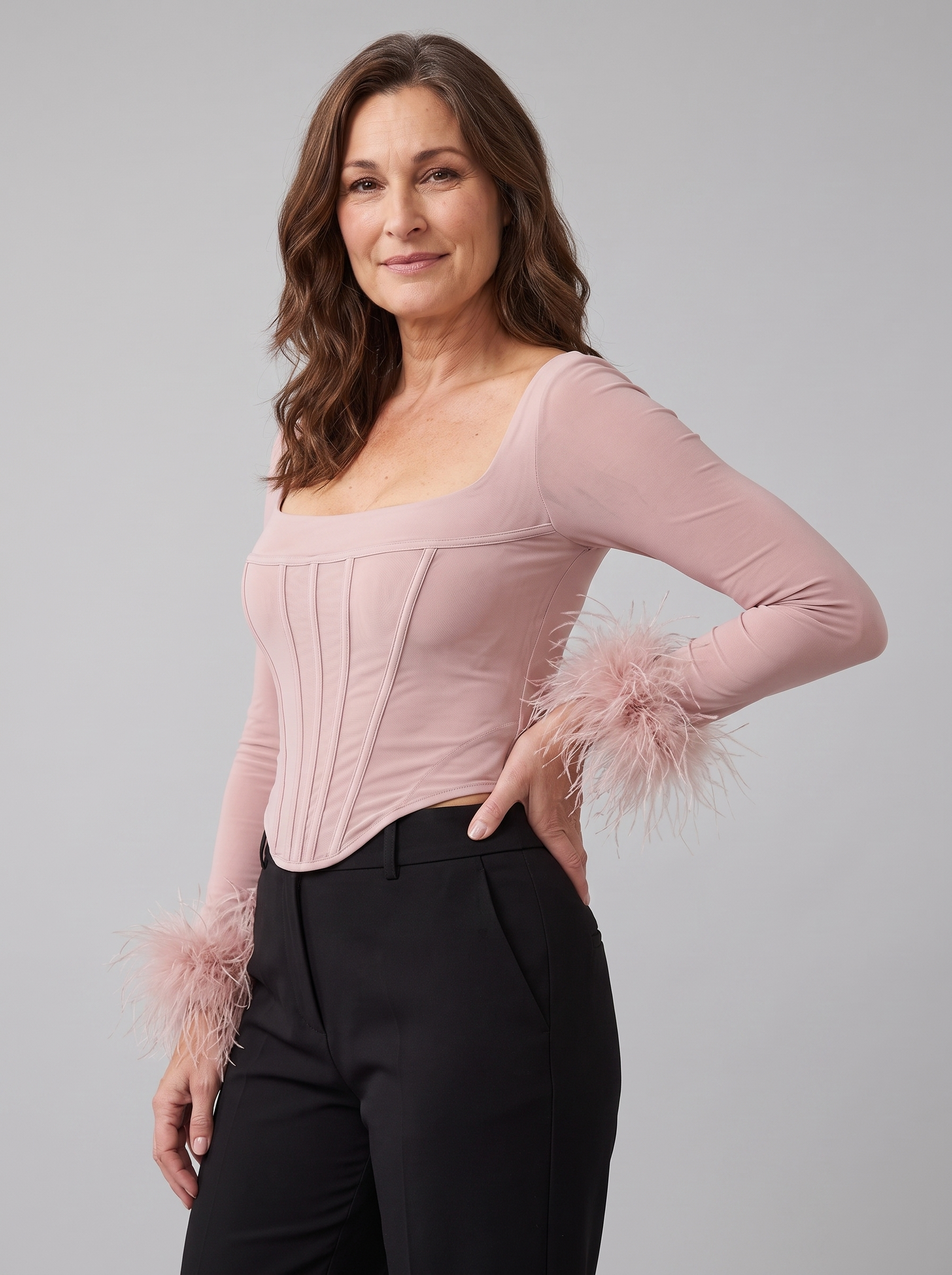 Corset top with feather cuffs and a square neckline, view 2