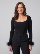 Corset top with feather cuffs and a square neckline, view 3