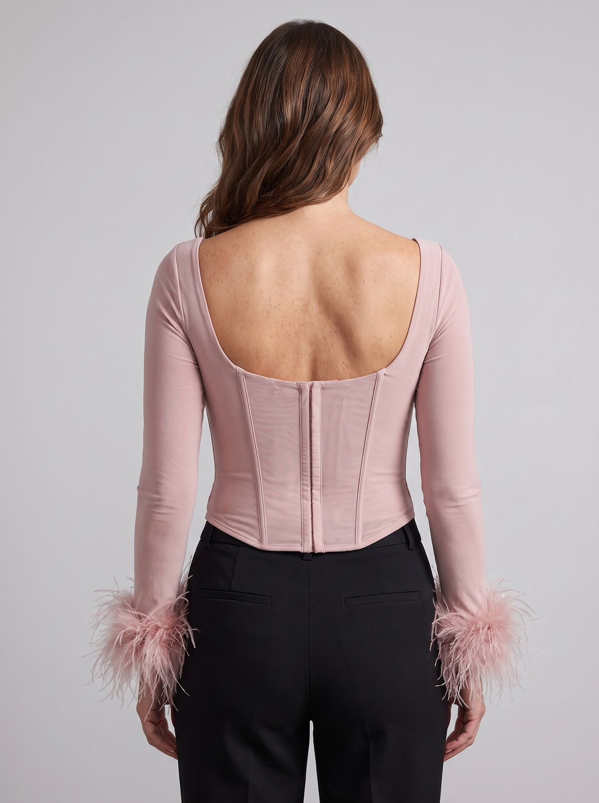 Corset top with feather cuffs and a square neckline, view 4