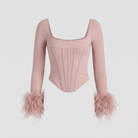 Corset top with feather cuffs and a square neckline, view 5