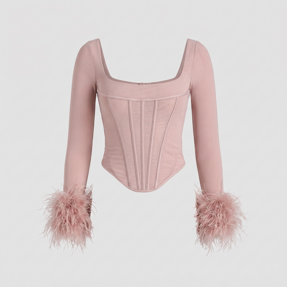 Corset top with feather cuffs and a square neckline, view 5