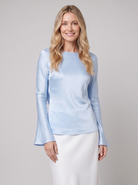 Slim-fit satin blouse with bell cuffs, view 1