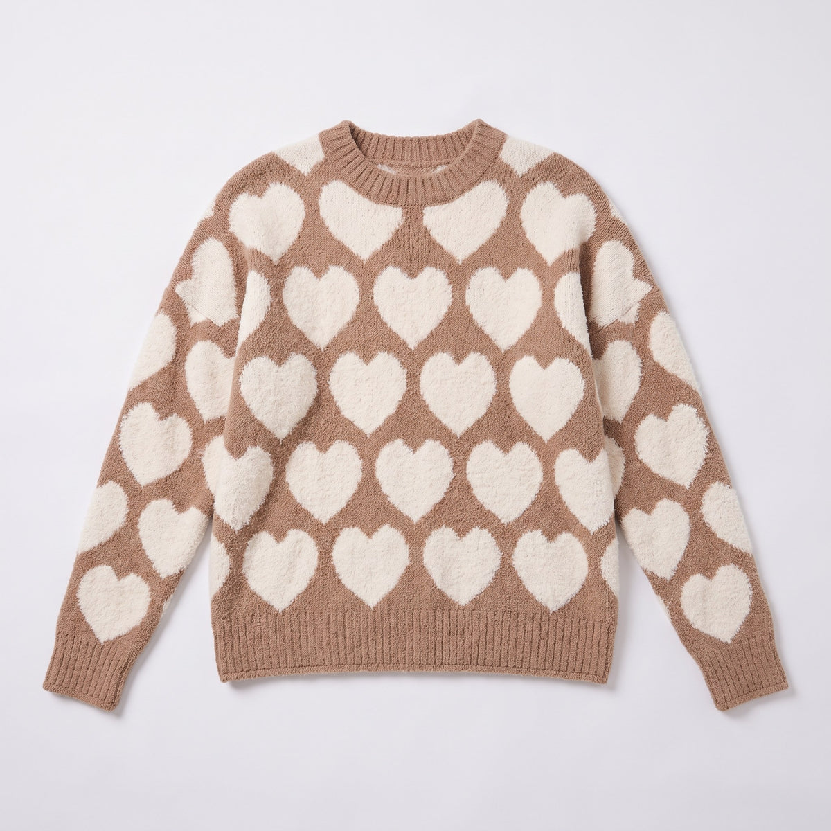 Damaris heart jacquard sweater in mocha and cream, flat lay of the oversized sweater