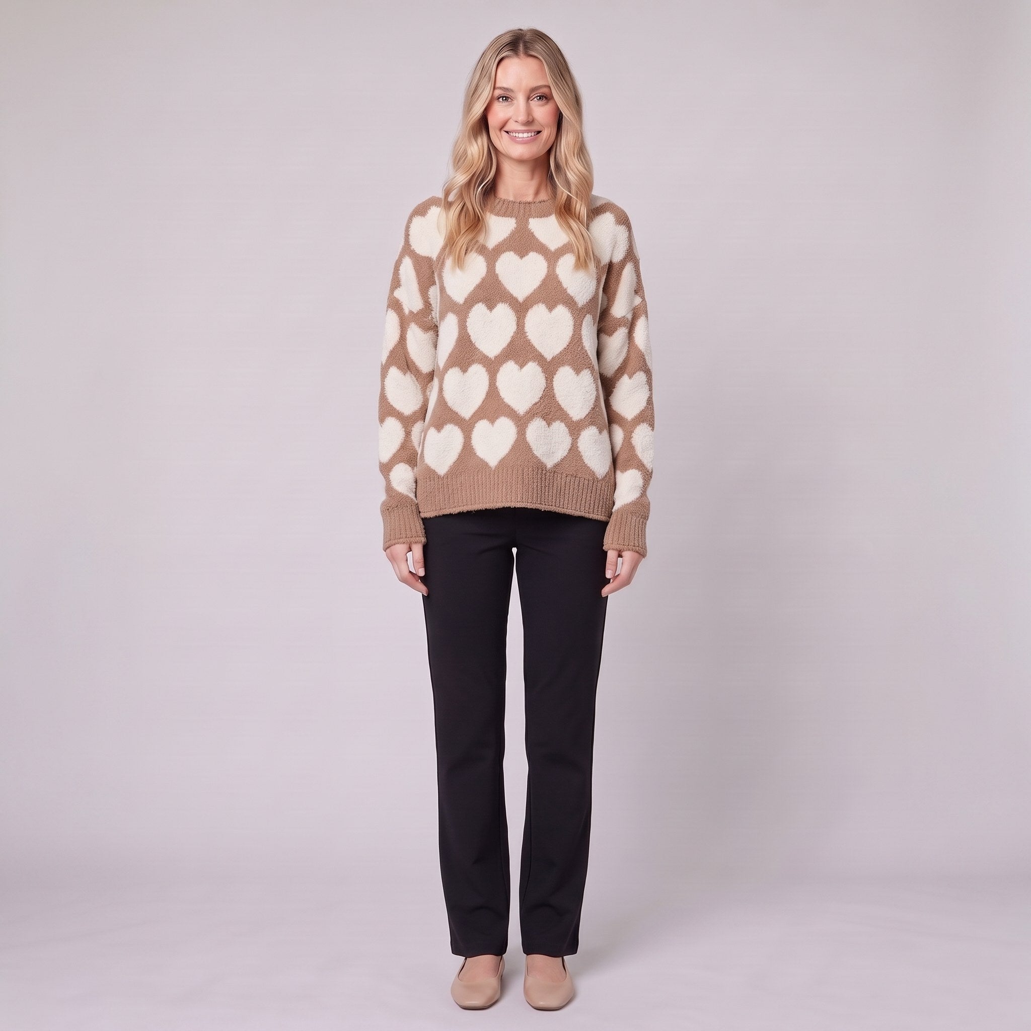 Damaris heart jacquard sweater in mocha and cream, oversized fit, front view on model