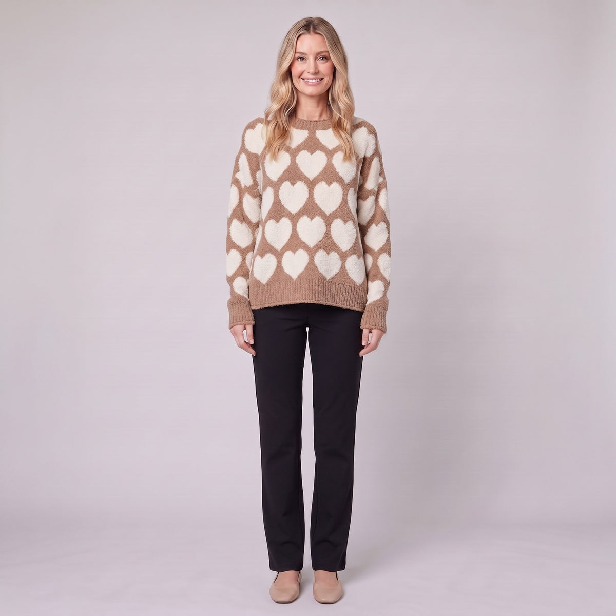 Damaris heart jacquard sweater in mocha and cream, oversized fit, front view on model