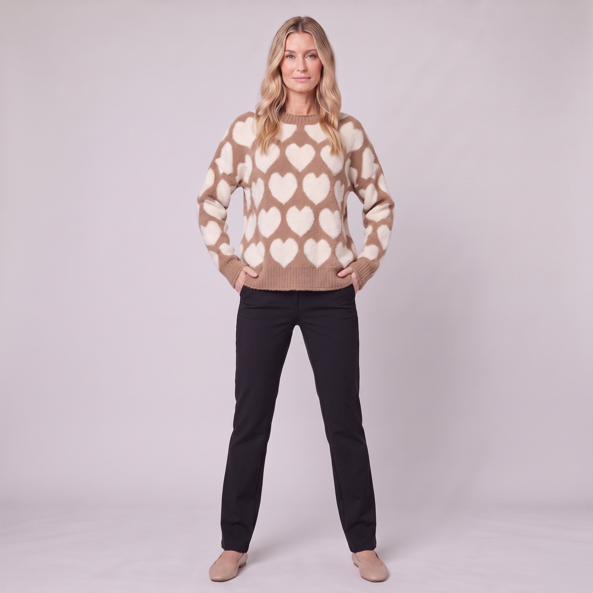 Damaris heart jacquard sweater in mocha and cream, full front view on model