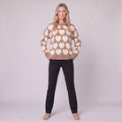 Damaris heart jacquard sweater in mocha and cream, full front view on model
