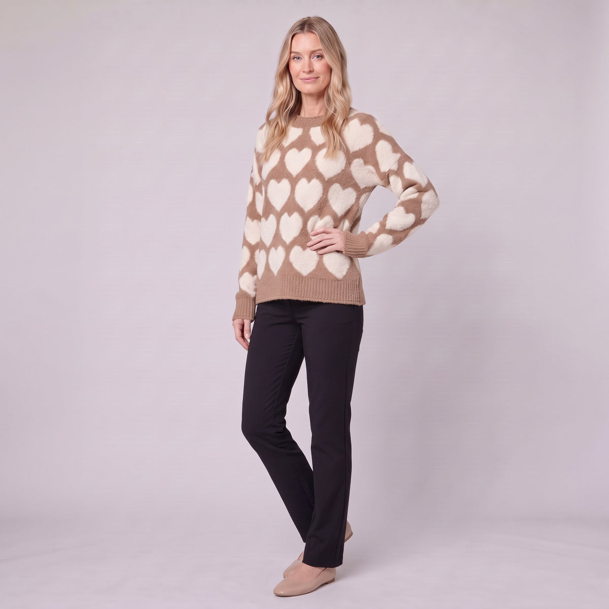 Damaris heart jacquard sweater in mocha and cream, three-quarter view