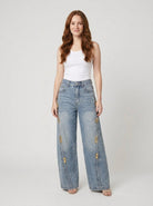 Light wash wide leg jeans with metallic accents, view 1