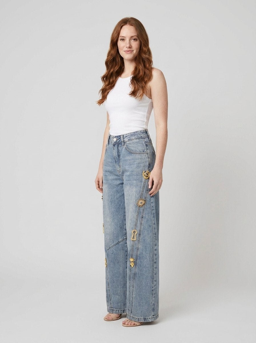 Light wash wide leg jeans with metallic accents, view 2