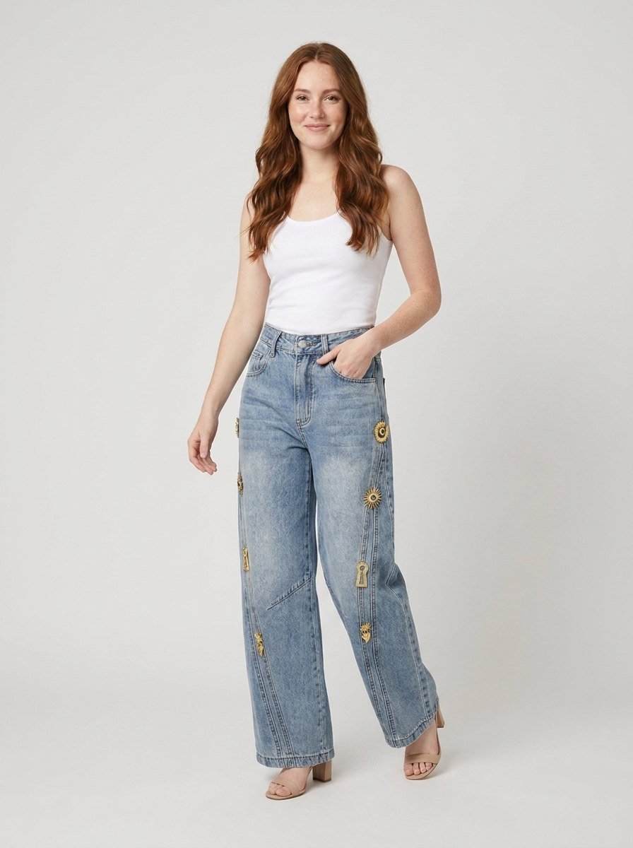 Light wash wide leg jeans with metallic accents, view 3
