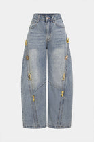 Light wash wide leg jeans with metallic accents, view 5