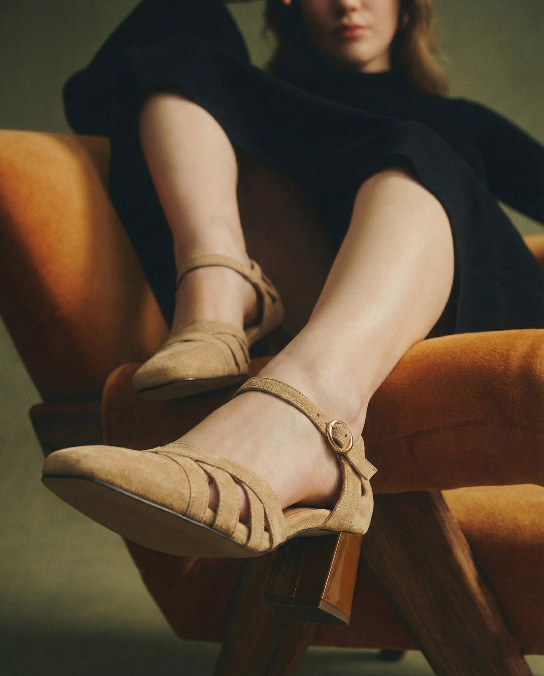 Suede heel with a chunky retro block heel, view 1
