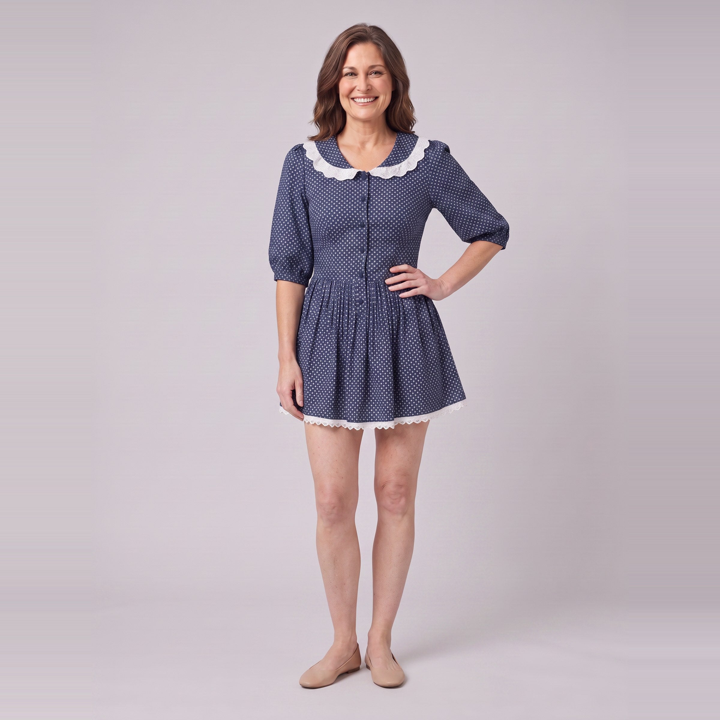 Ellery navy mini dress with lace collar, standing view