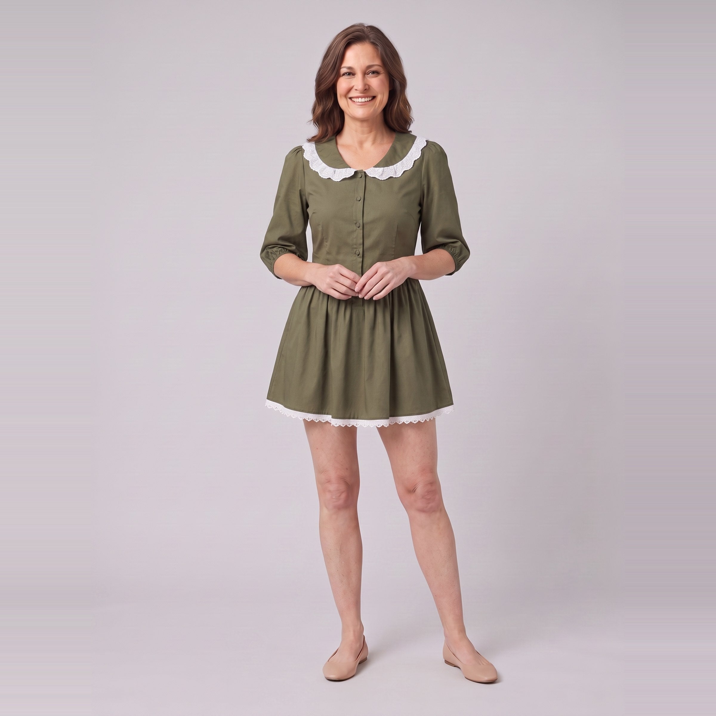 Ellery mini dress in olive green with a white lace collar, front view
