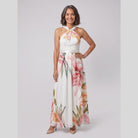 Floral print gown with a draped halter neck, view 1