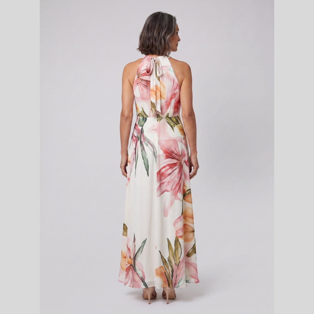 Floral print gown with a draped halter neck, view 4