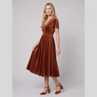 Ribbed velvet midi dress with a V-neck and shirred waist, view 2
