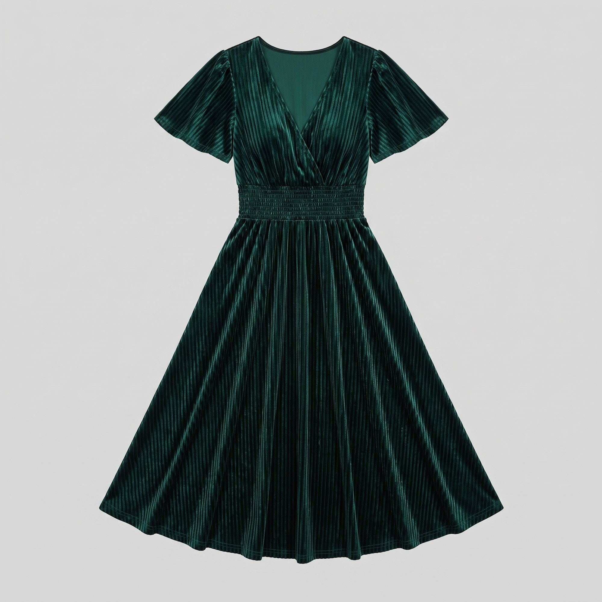 Ribbed velvet midi dress with a V-neck and shirred waist, view 7