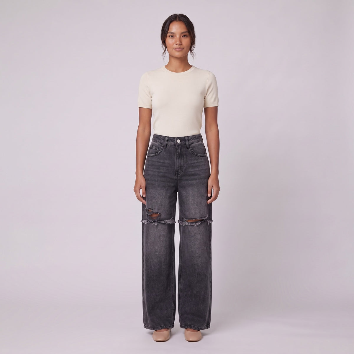 Enid baggy jeans in washed black, distressed wide leg, front view on model