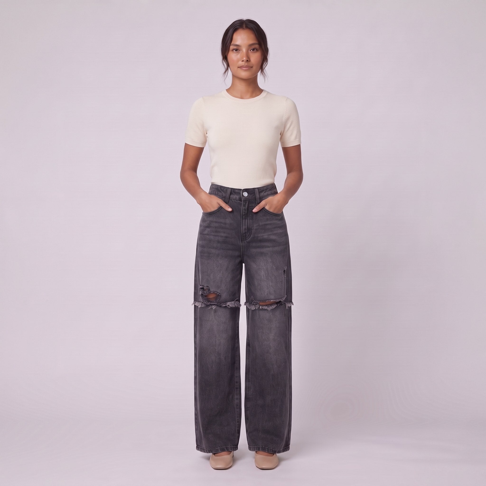 Enid baggy jeans in washed black, full-length view with hands in pockets