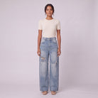 Enid baggy jeans in light blue wash, distressed wide leg, front view on model