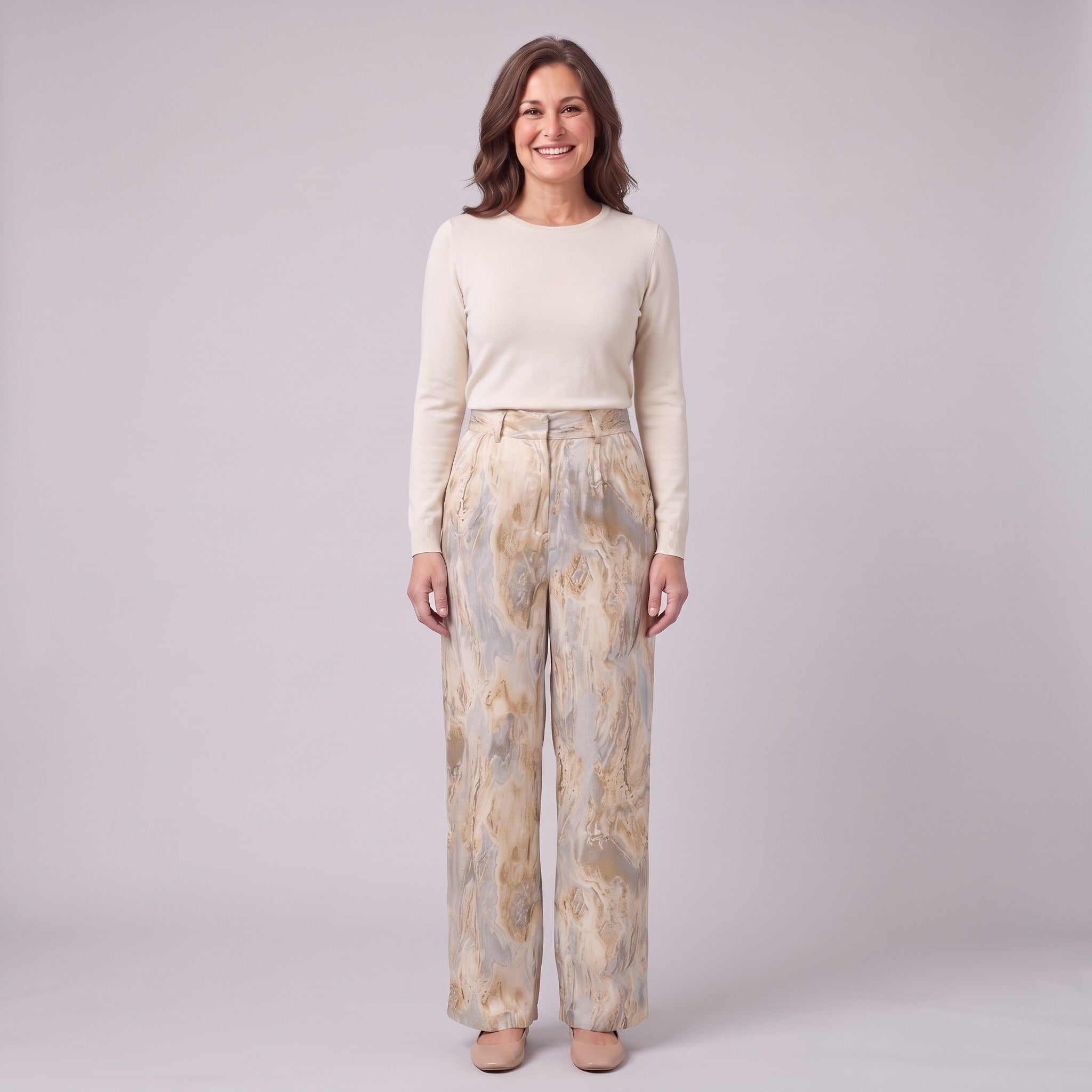 Evadne printed wide leg trousers in beige marble print, front view on model