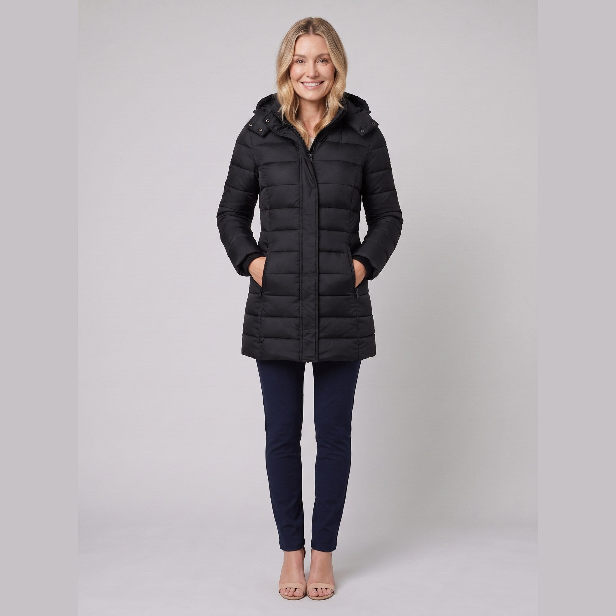 Black lightweight hooded puffer jacket, view 1