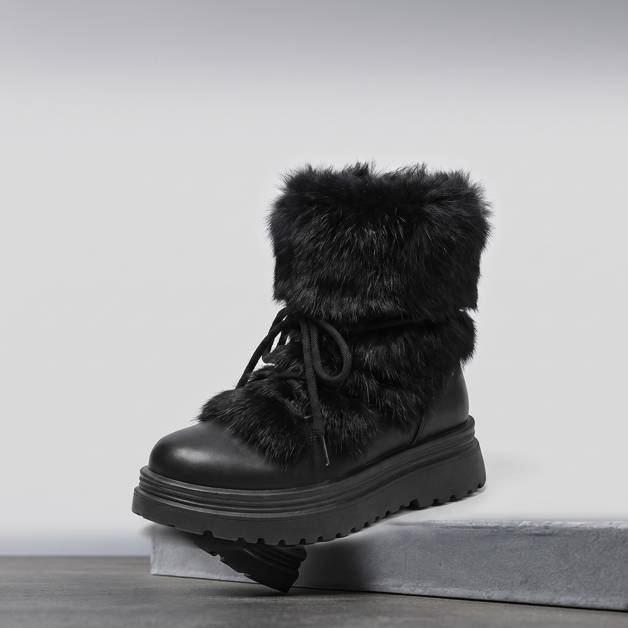 Insulated lace-up winter boots with a faux fur cuff and non-slip sole, view 1